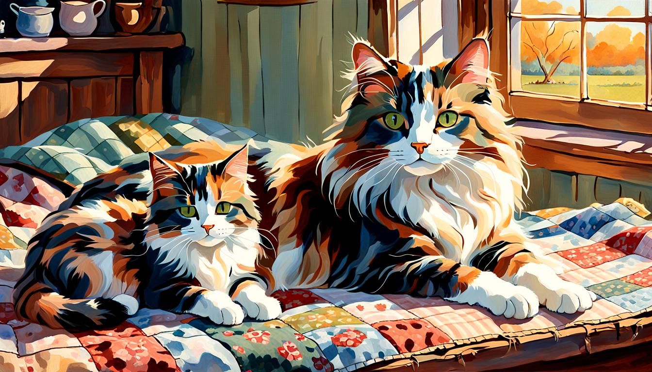 Calico Cat and Kittens, Oil Painting in Country Style