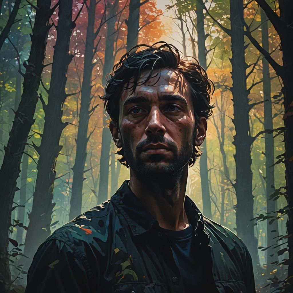 Man's Silhouette in Deep Woods: Hyperrealistic Splash Art