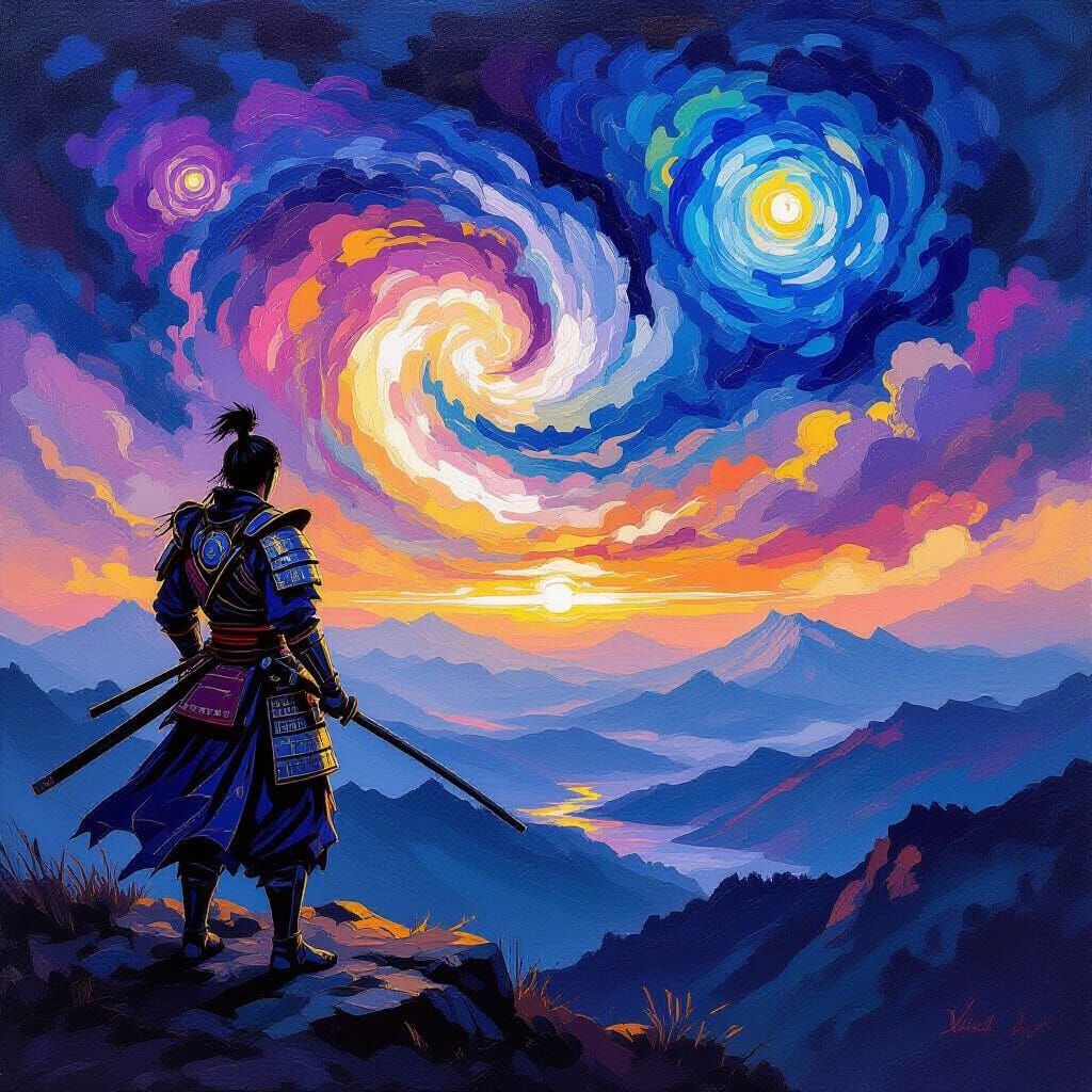 Samurai on Mountain Peak Under Nebula Sky in Impasto Style