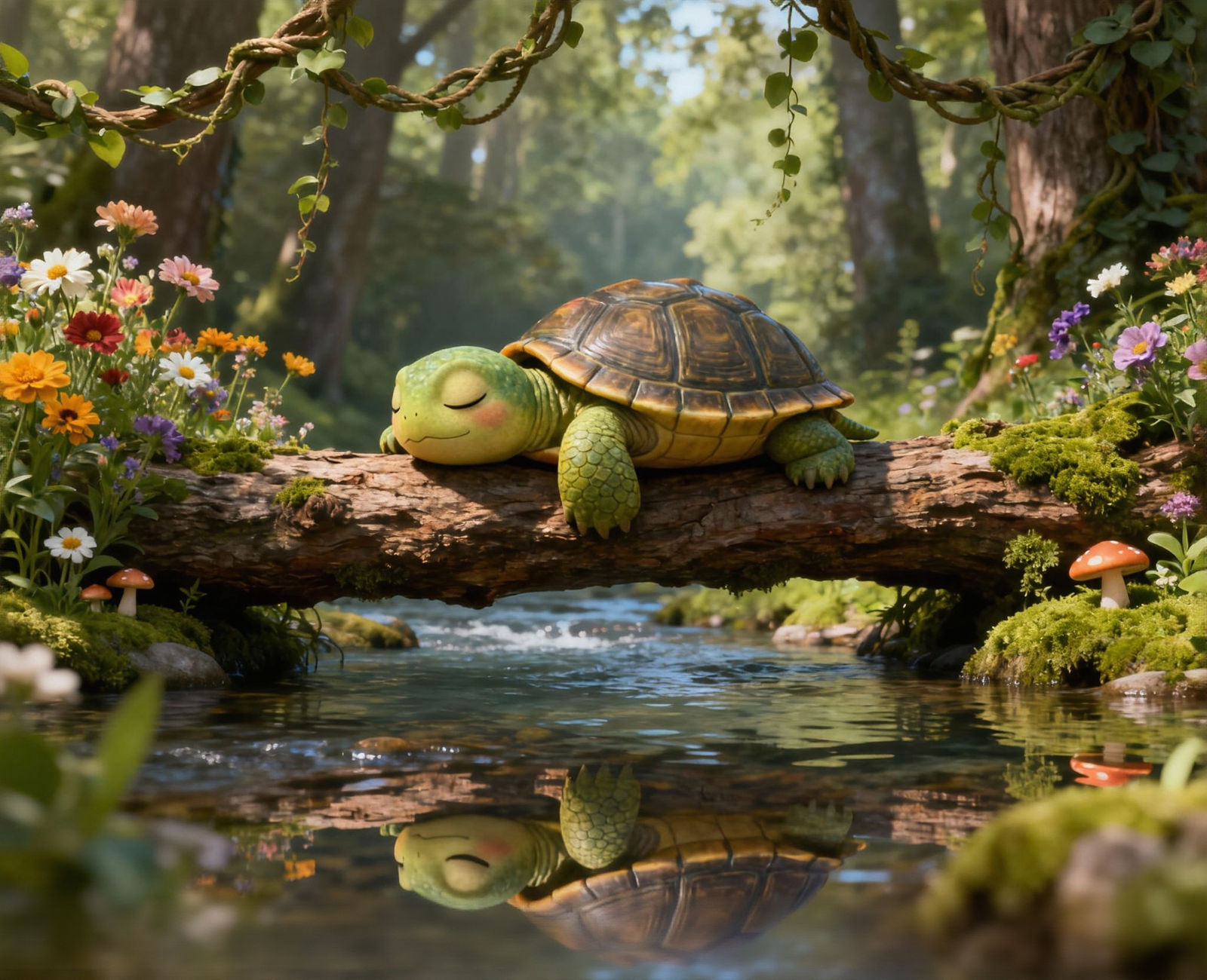 Cute Hyperrealistic Squirtle Sleeping on River Branch