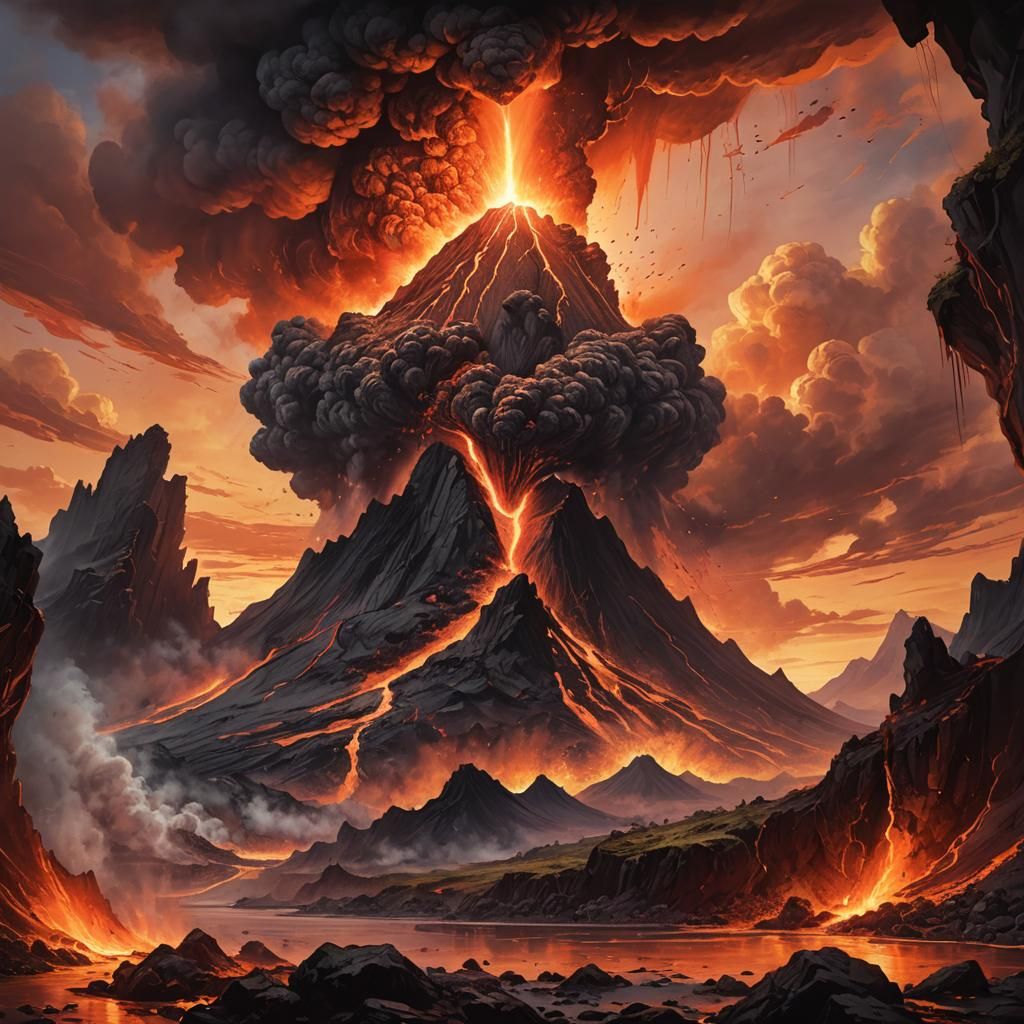 Erupting Volcano Landscape as Romantic Painting