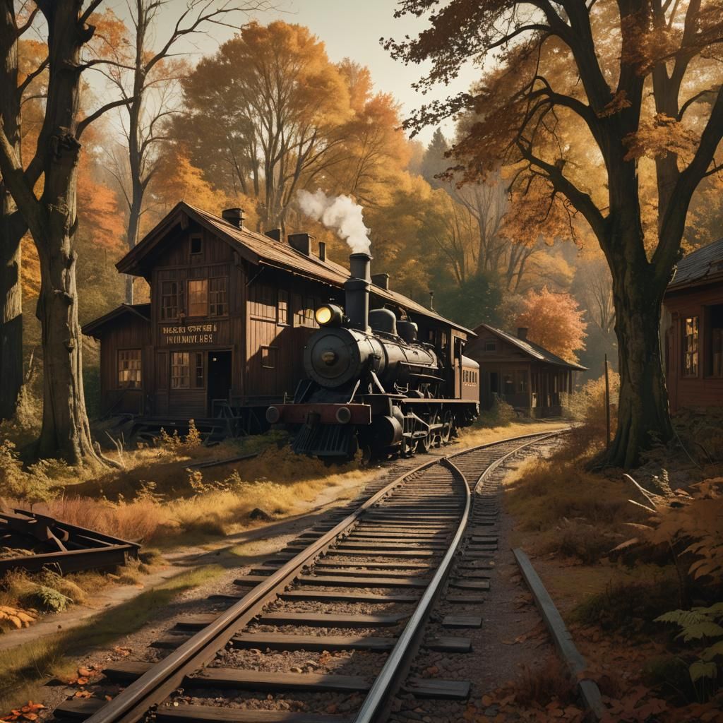 Abandoned Railway Station in Autumn, Matte Painting