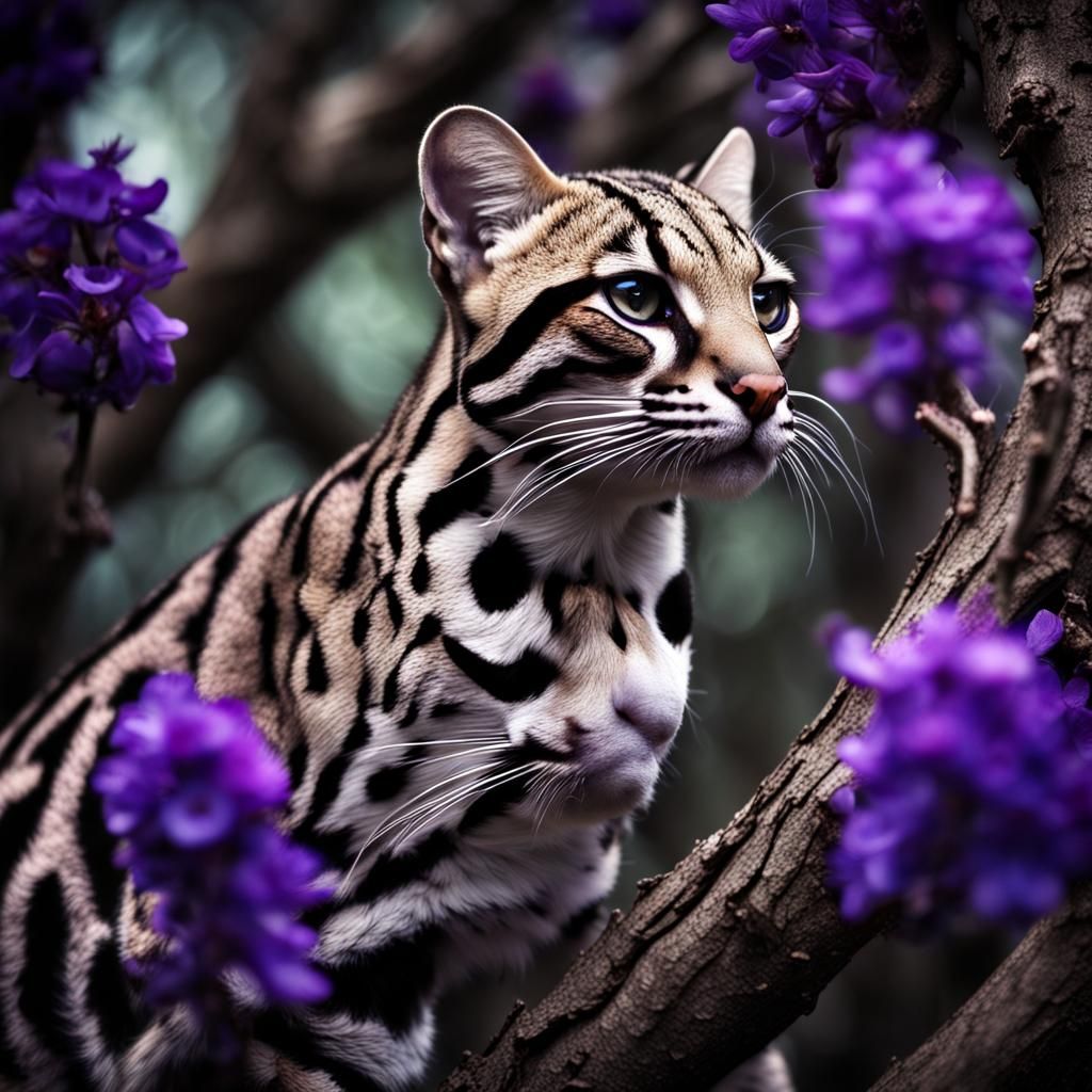 Hyperrealistic Ocelot in Tree with Purple Flowers