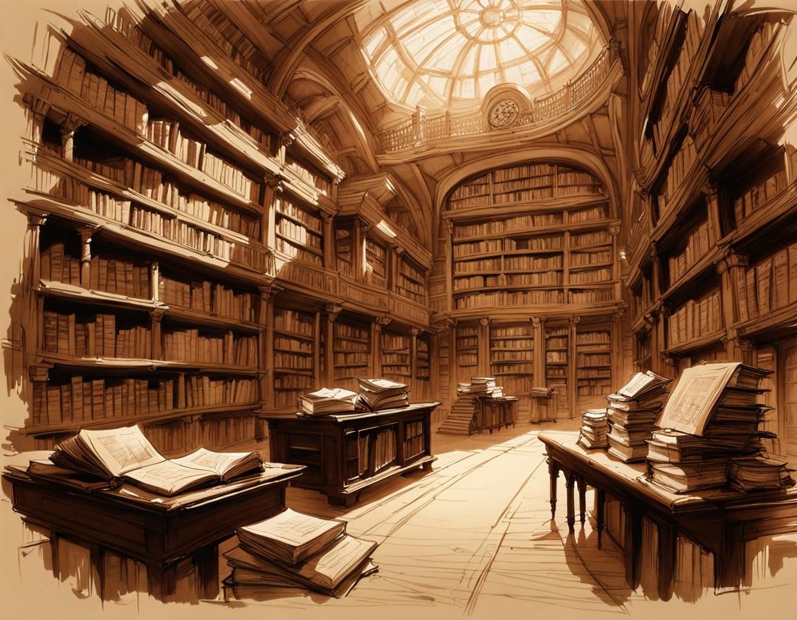 Whimsical Ancient Library Sketch in Sepia Tones