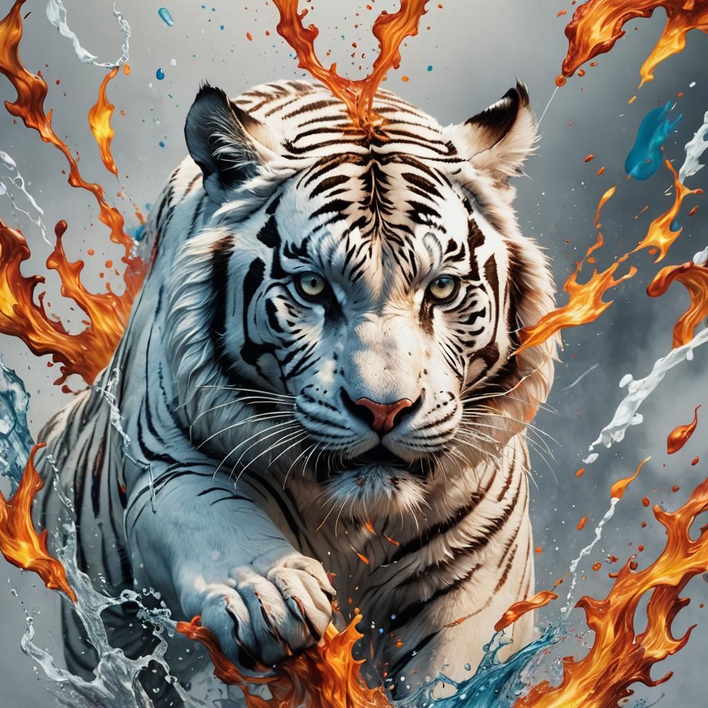 Flaming White Tiger in Hyperrealistic Splash Art