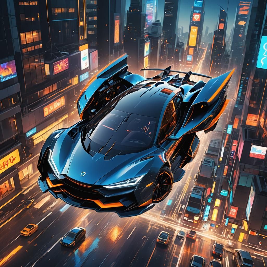 Futuristic Flying Car in a Neon Cityscape