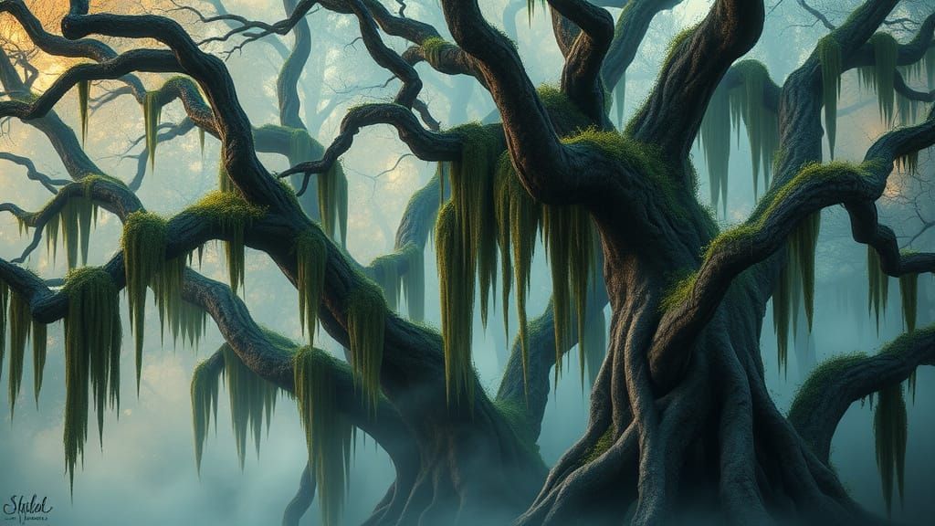 Mystical Moss-Draped Trees in Rising Mist