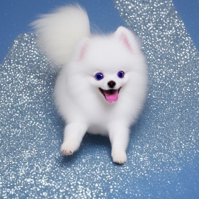 White Pomeranian Jumps Through Blue Glitter