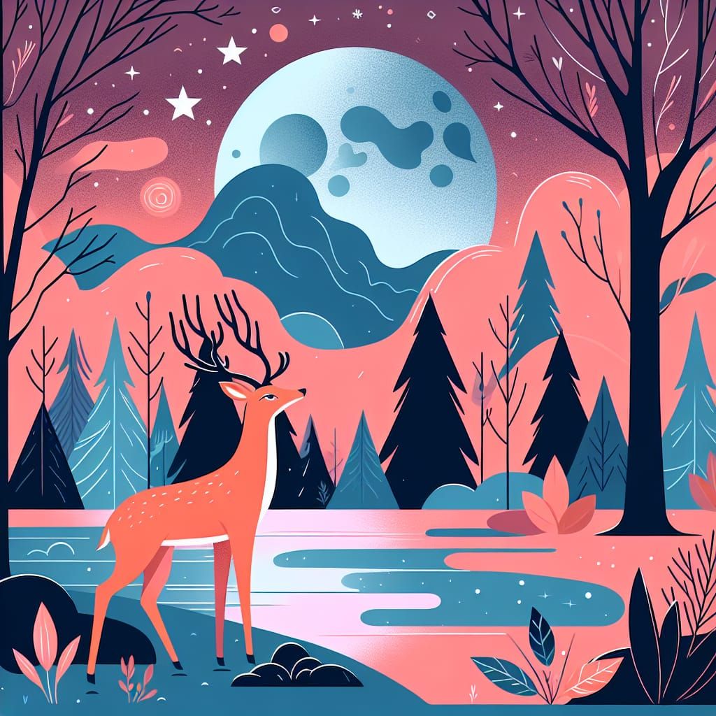 Orange Deer in Blue Forest with Pink Lake