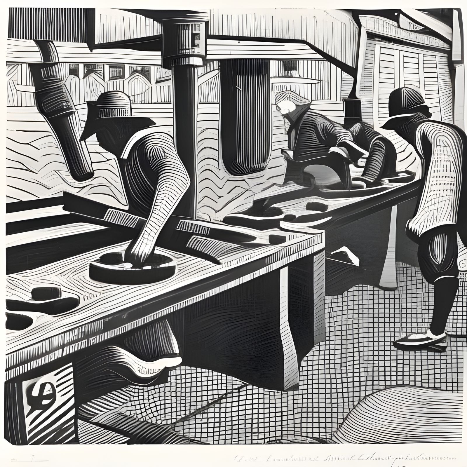 Checkered Workers Forging Holding: Linocut Charcoal Drawing