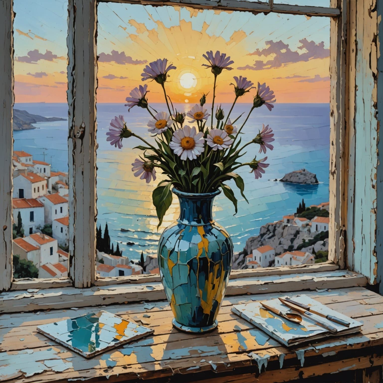 Impasto Painting of Vibrant Flowers in a Weathered Vase