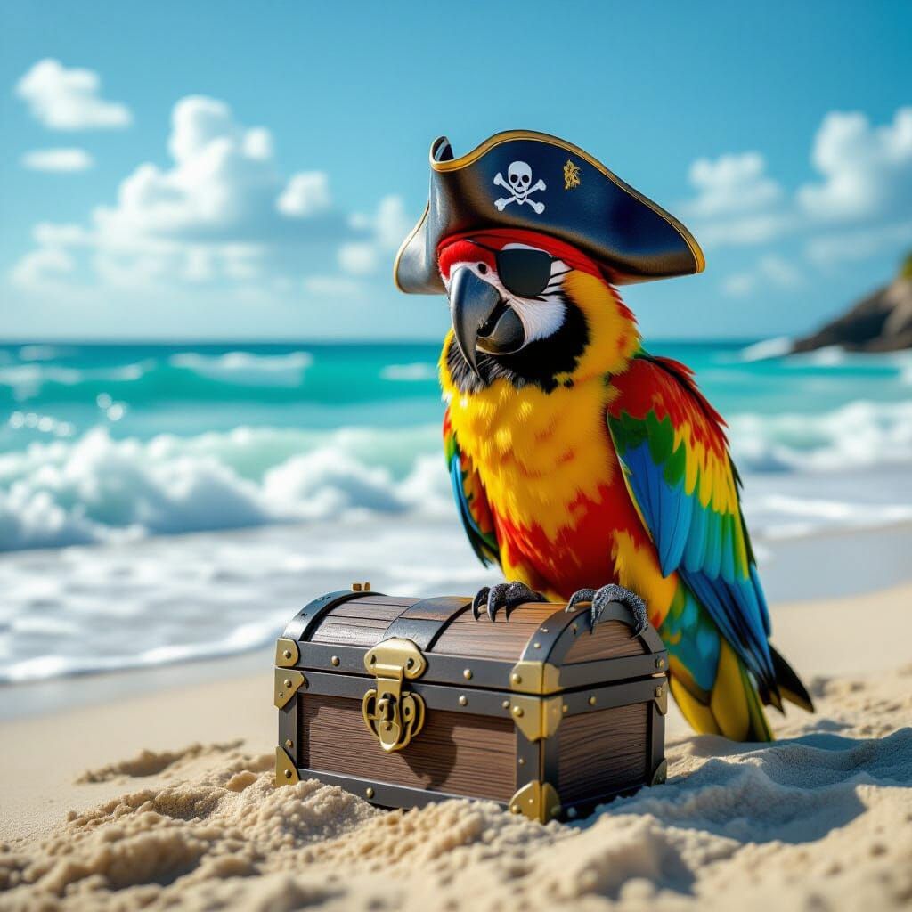 Pirate Parrot Guarding Treasure on Sandy Beach