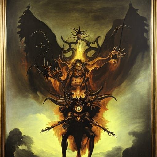 Asmodeus Devouring Demons in Hell: Goya-esque Oil Painting