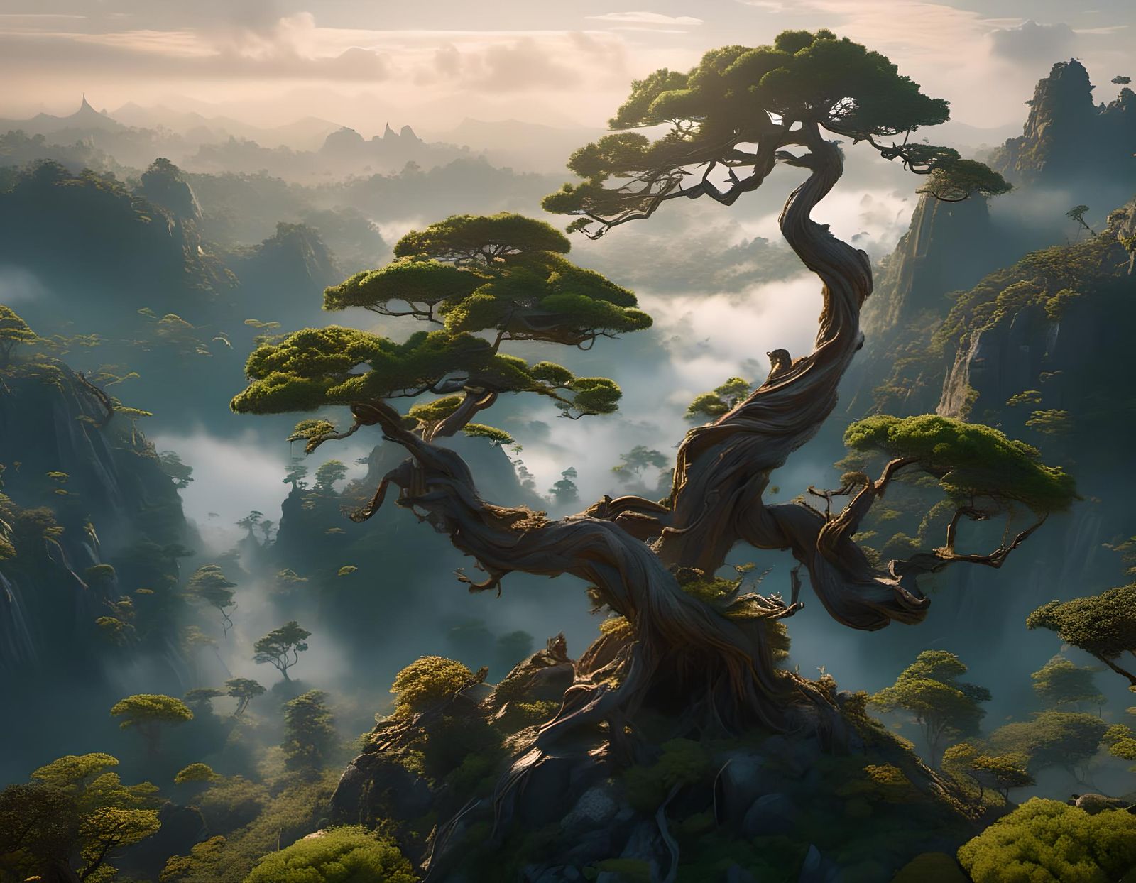 Majestic Bonsai Trees on Mountain Cliff at Sunrise