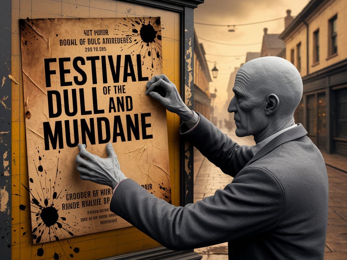 Faceless Man Pins Poster in Desolate Town Center