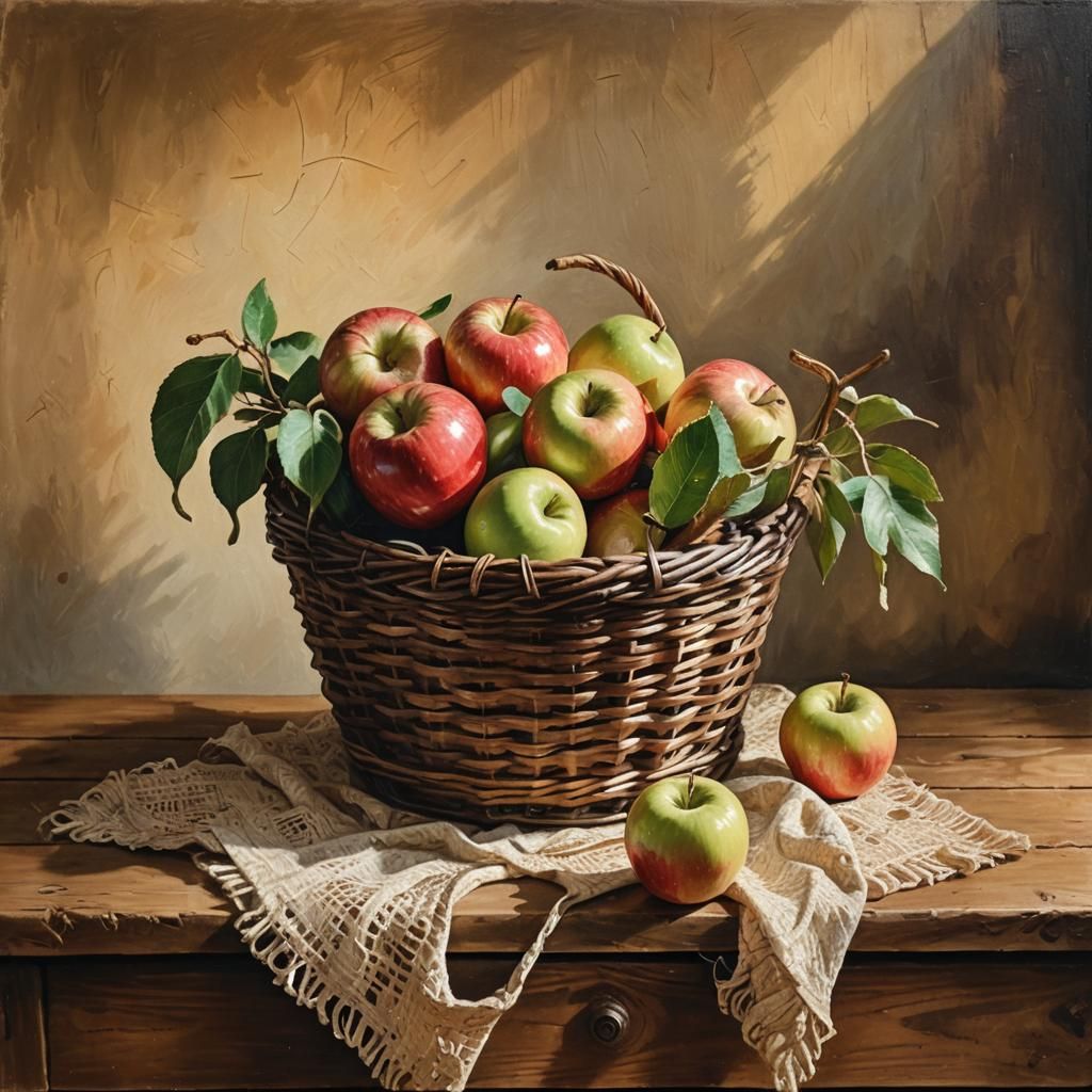 Apple in Basket Still Life: Old Masters Style