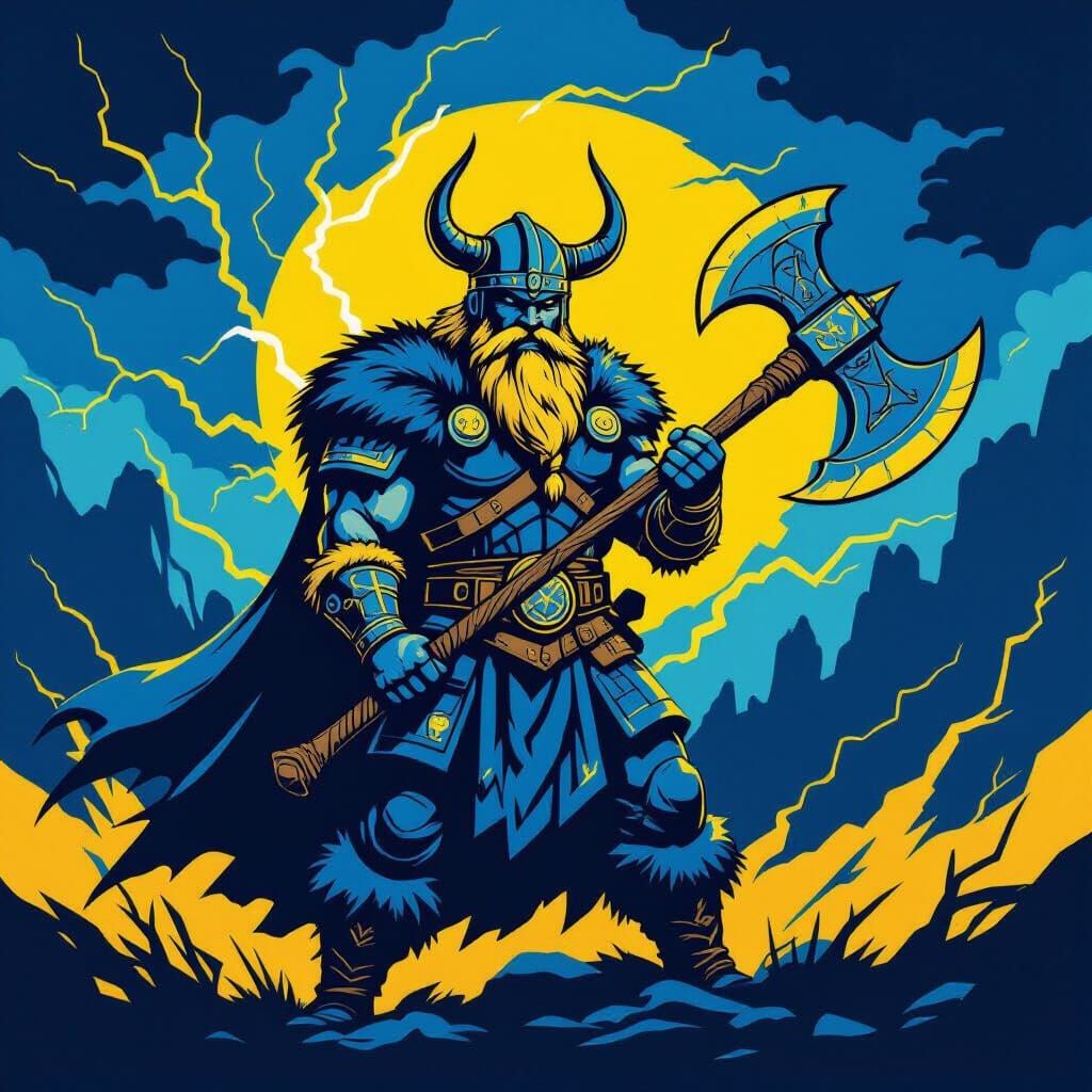 Blue and Yellow Viking Warrior with Double Axe