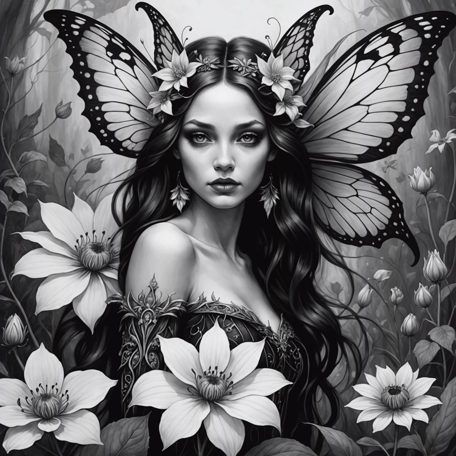 Monochrome Faerie on a Flower Fantasy Drawing