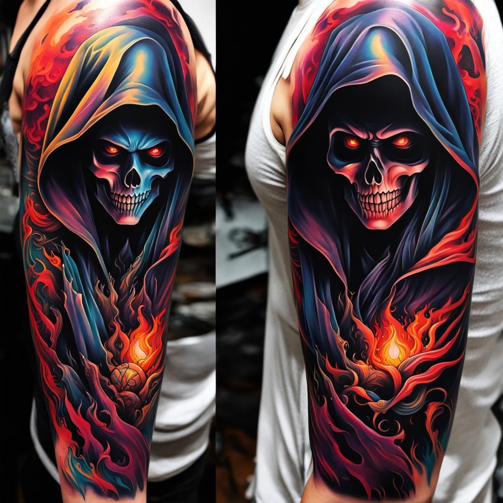 Grim Reaper and Vampires Tattoo Sleeve in Graffiti Art
