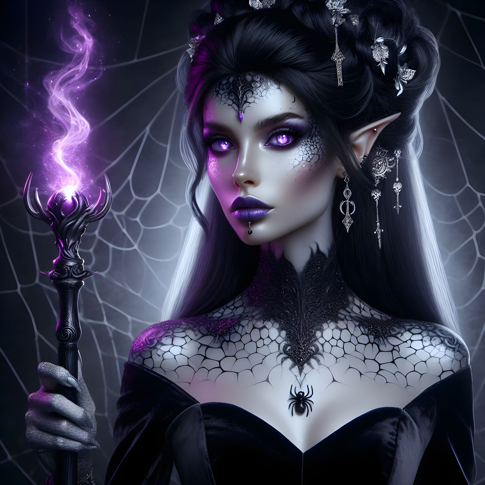Netsowi Chtig, curse sorceress, half-human, quarter-elf, quarter-drow