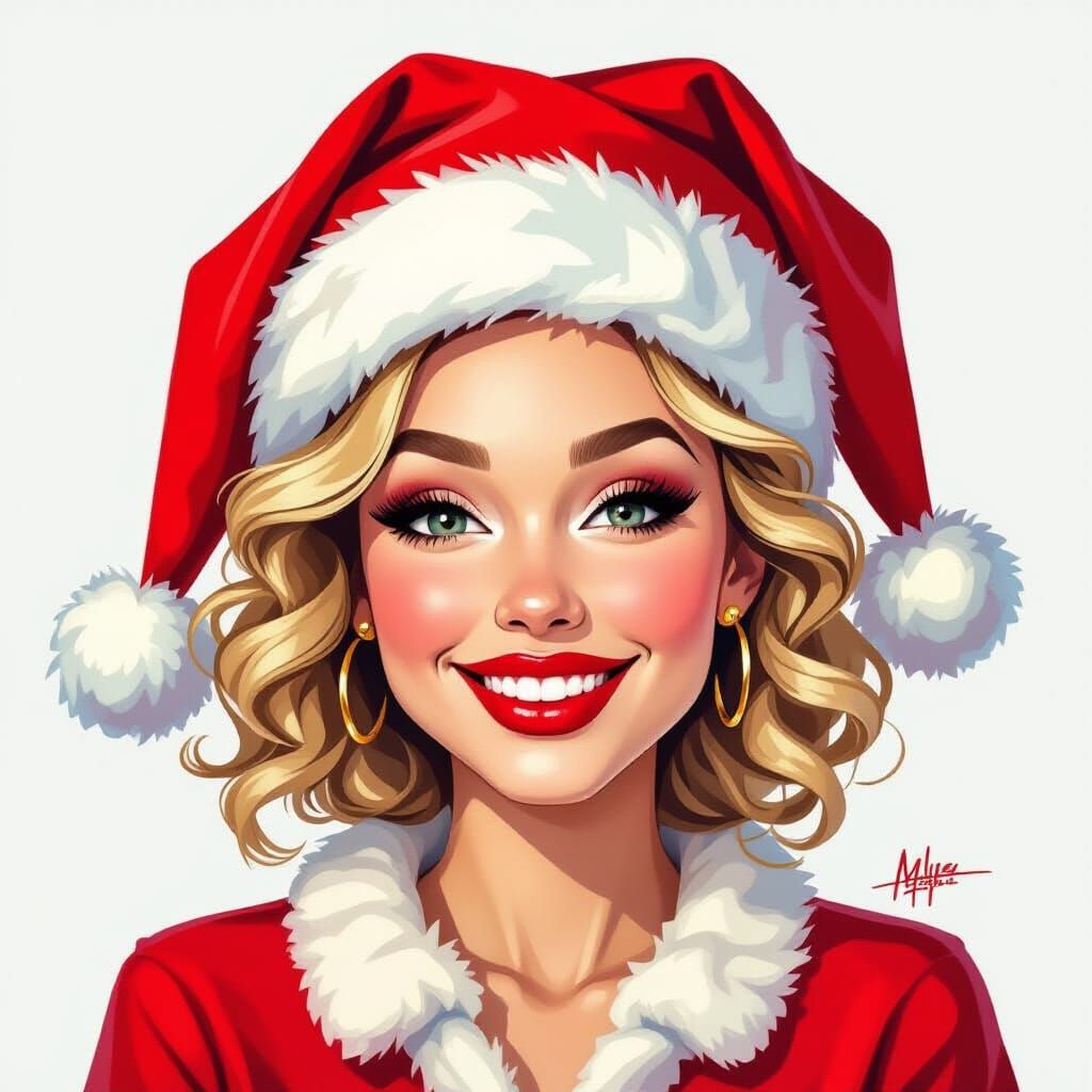 Caricature of a Smiling Woman in Santa Hat