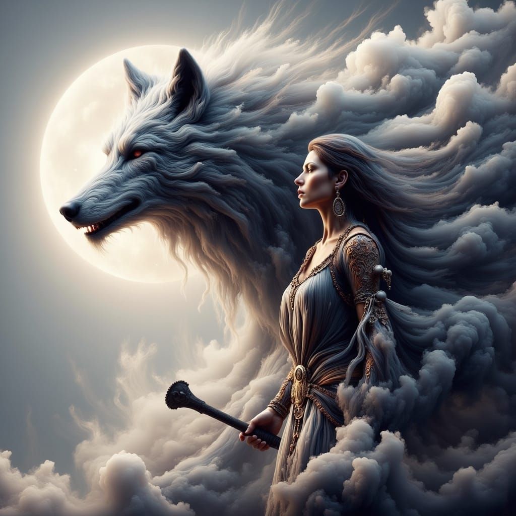 Native American Warrior with Smoke Wolf Double Exposure