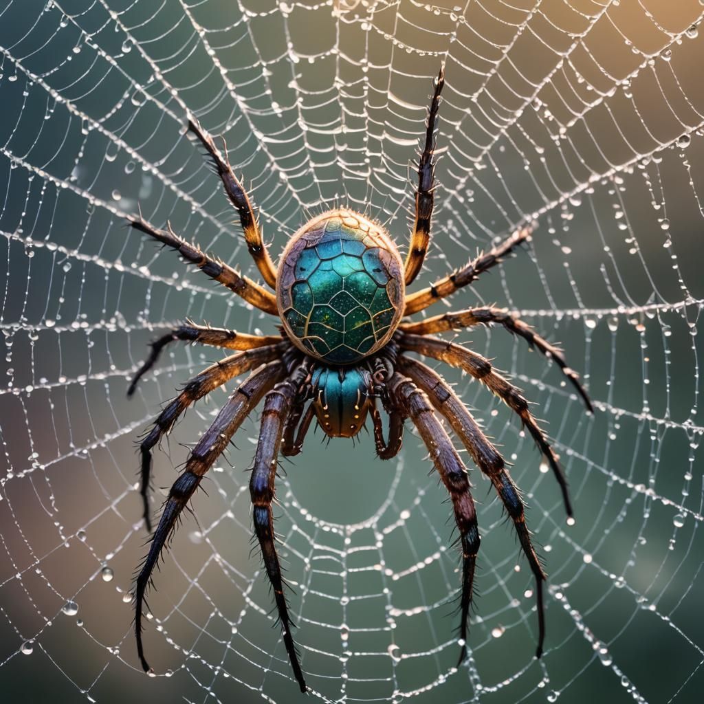 Surreal Biomechanical Spider in Dew-Covered Web