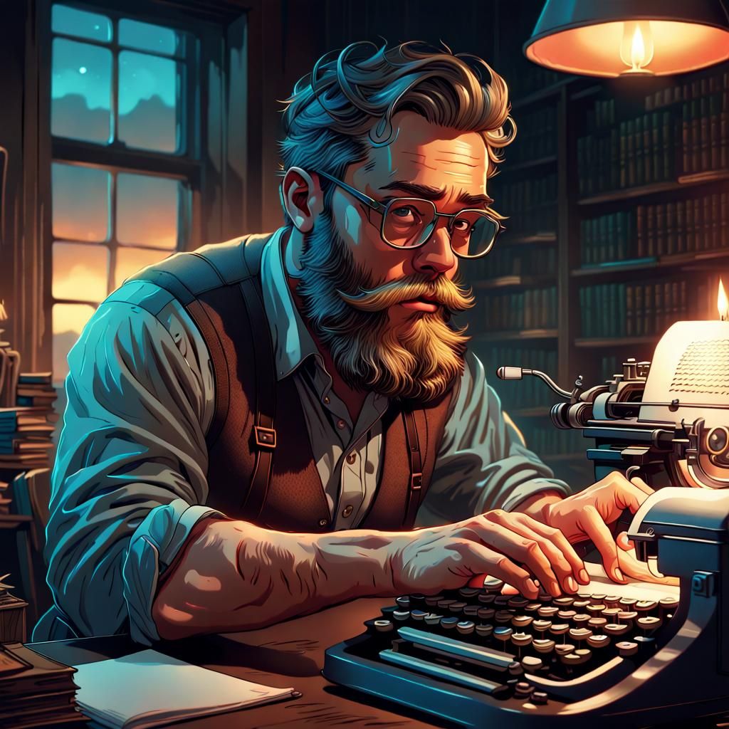 Bearded Writer at Typewriter in Comic Book Art