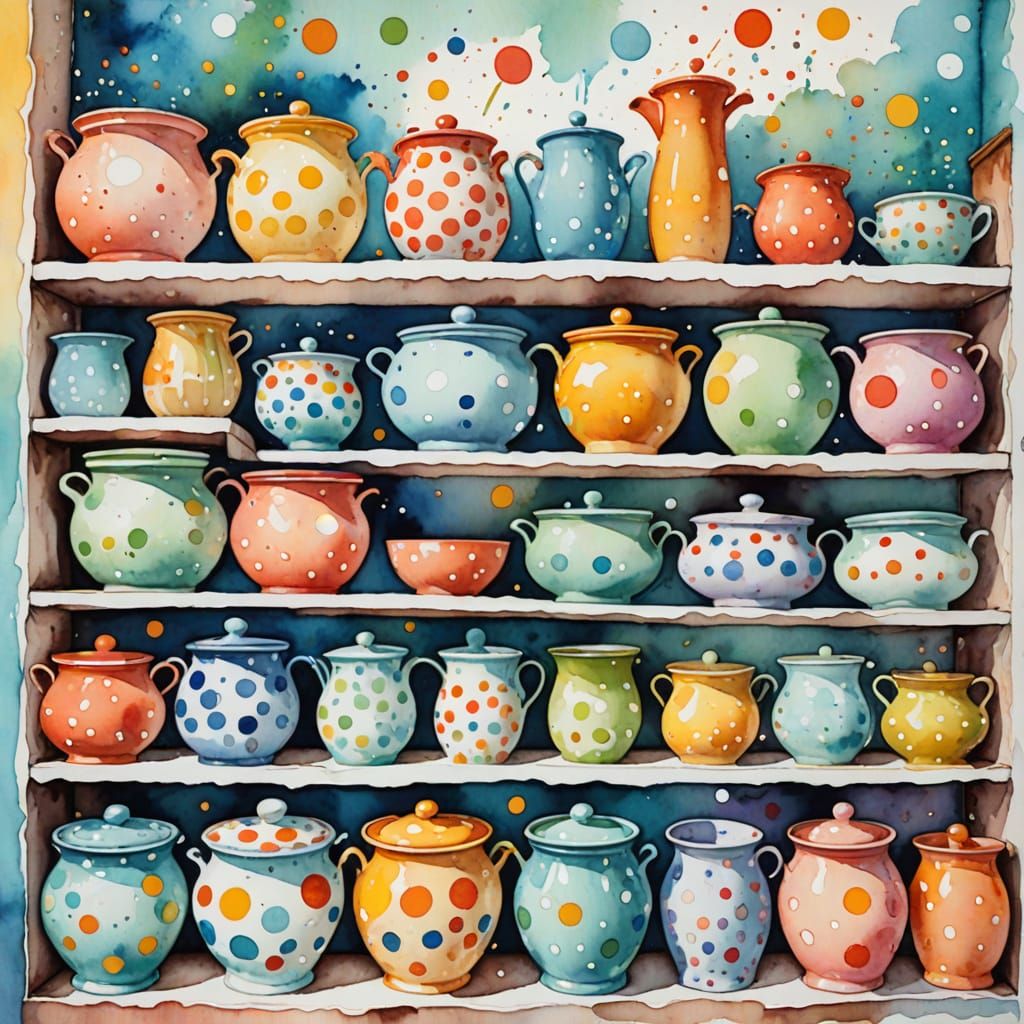 Playful Watercolor Pots on Colorful Shelves
