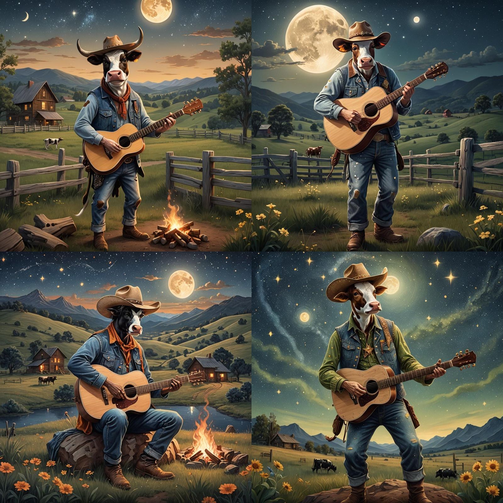 Cow Plays Guitar Under Starry Sky, Detailed Matte Painting