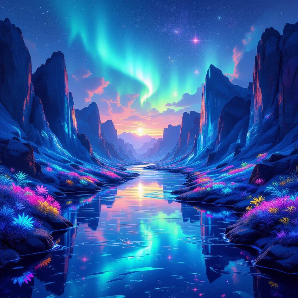 Surreal Crystal Creek with Cosmic Aurora Sky