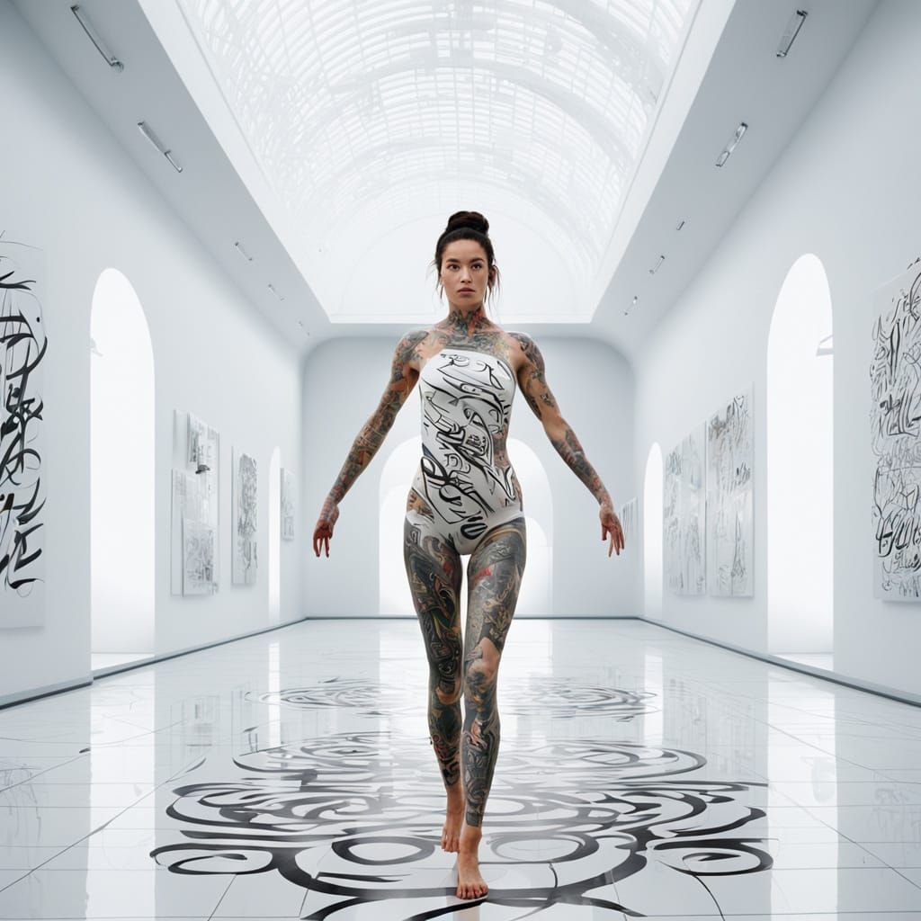 Woman as Art Piece with Calligraphy Tattoos