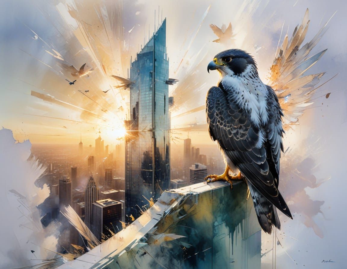 Peregrine Falcon on Skyscraper Ledge at Dawn