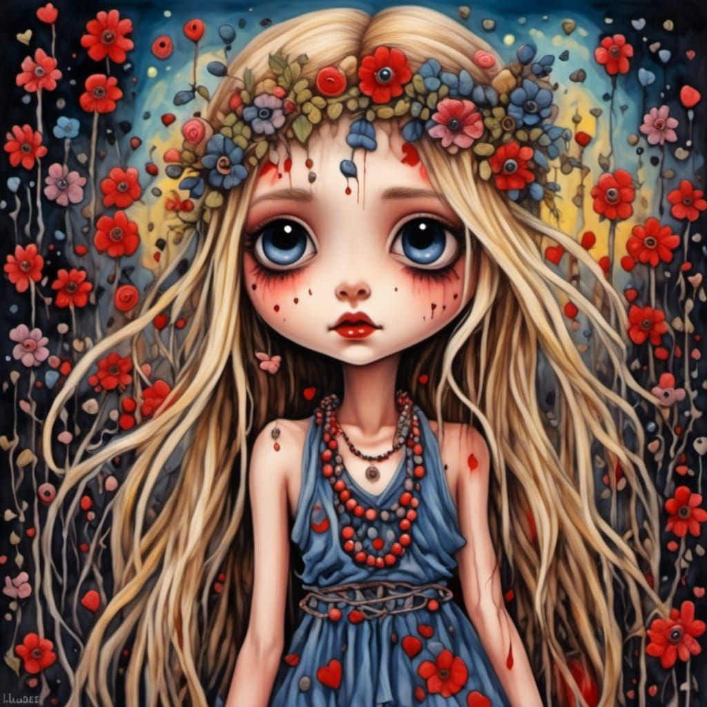 Chibi Hippie Girl at Woodstock in Oil Painting Style