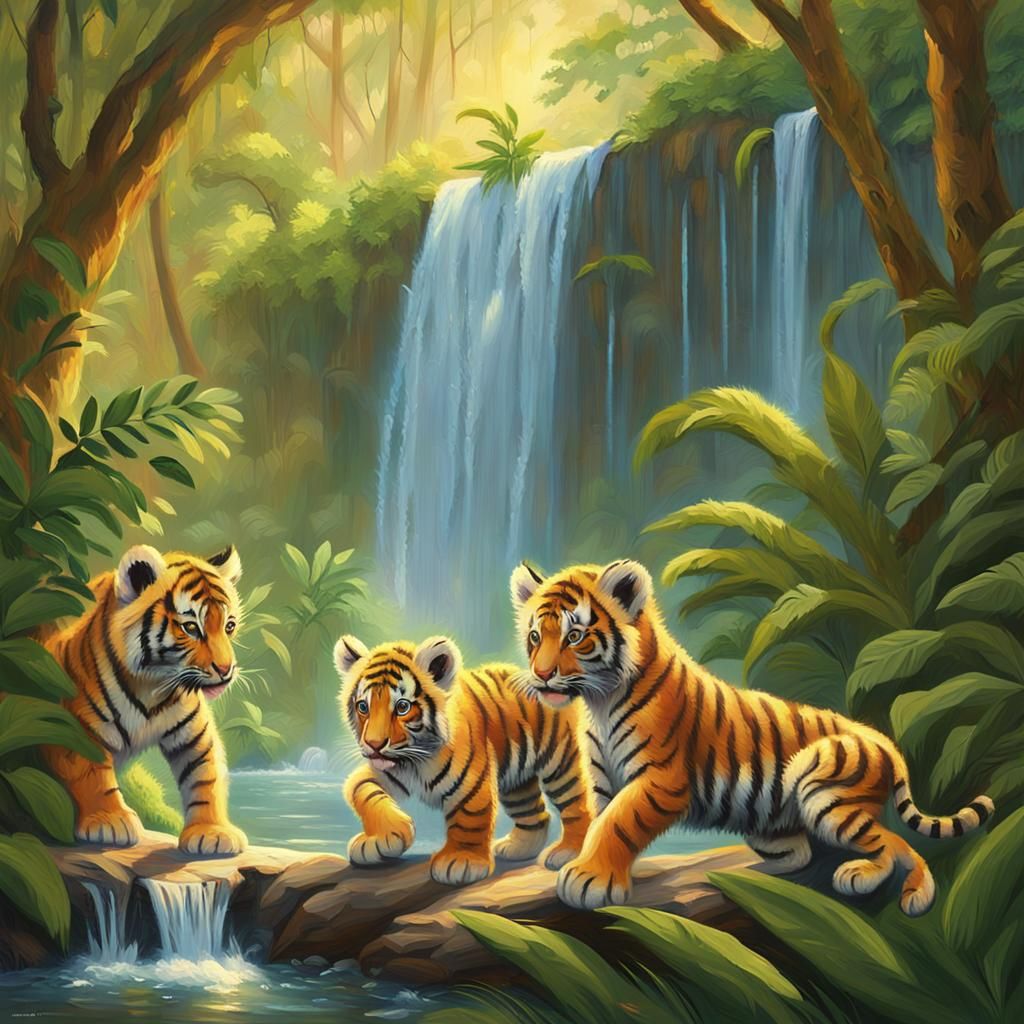 Tiger Cubs Playing in Jungle: Impressionist Oil Painting