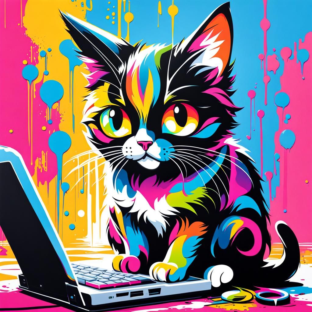 Cat at Computer in Graffiti Street Art Style