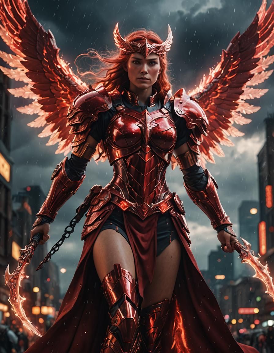 Luminescent Crimson Valkyrie Portrait in Magical Realism