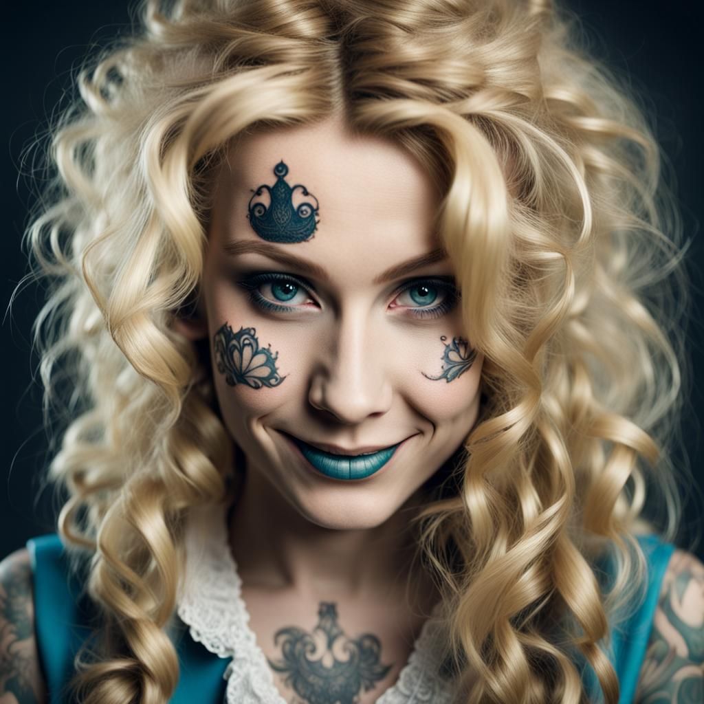 Blonde Tattooed Woman in Alice in Wonderland Style