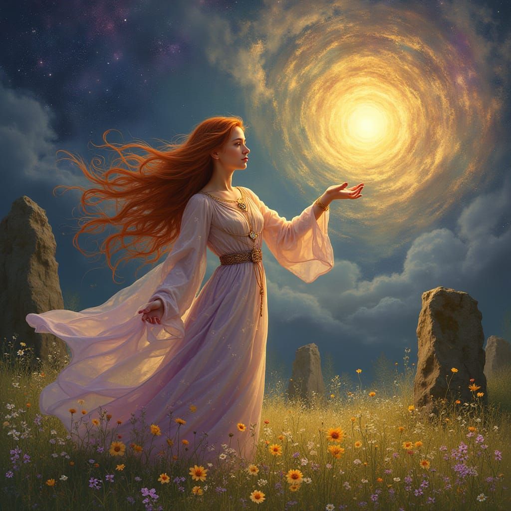 Enchanted Sorceress in Vibrant Art Nouveau Landscape