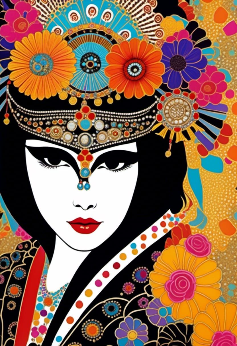 Geisha in Dia de los Muertos Headdress, Klimt-Inspired Art