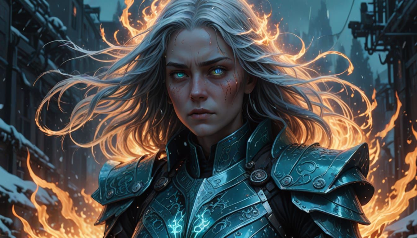 Regal Woman in Futuristic Ice-Blue Armor with Flames