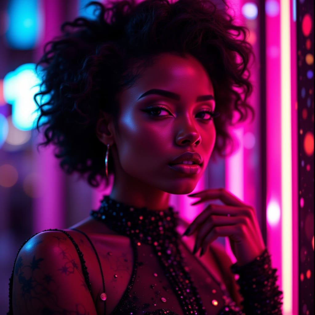 Glamorous African American Woman in Neon-Noir Club Style
