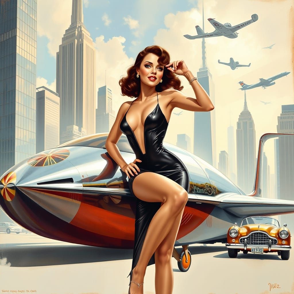 Retrofuturistic Pin-Up Girl in Art Deco Cityscape