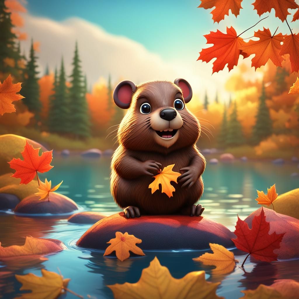 Baby Beaver in Maple Leaf River: 3D Digital Art