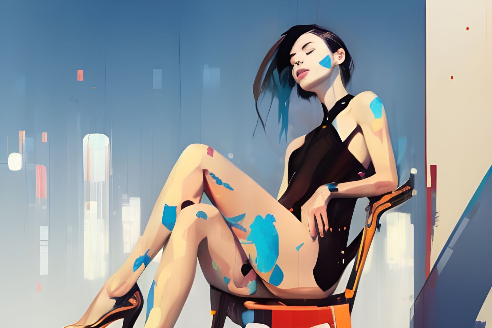 Stylish Woman on Chair, Detailed Digital Painting