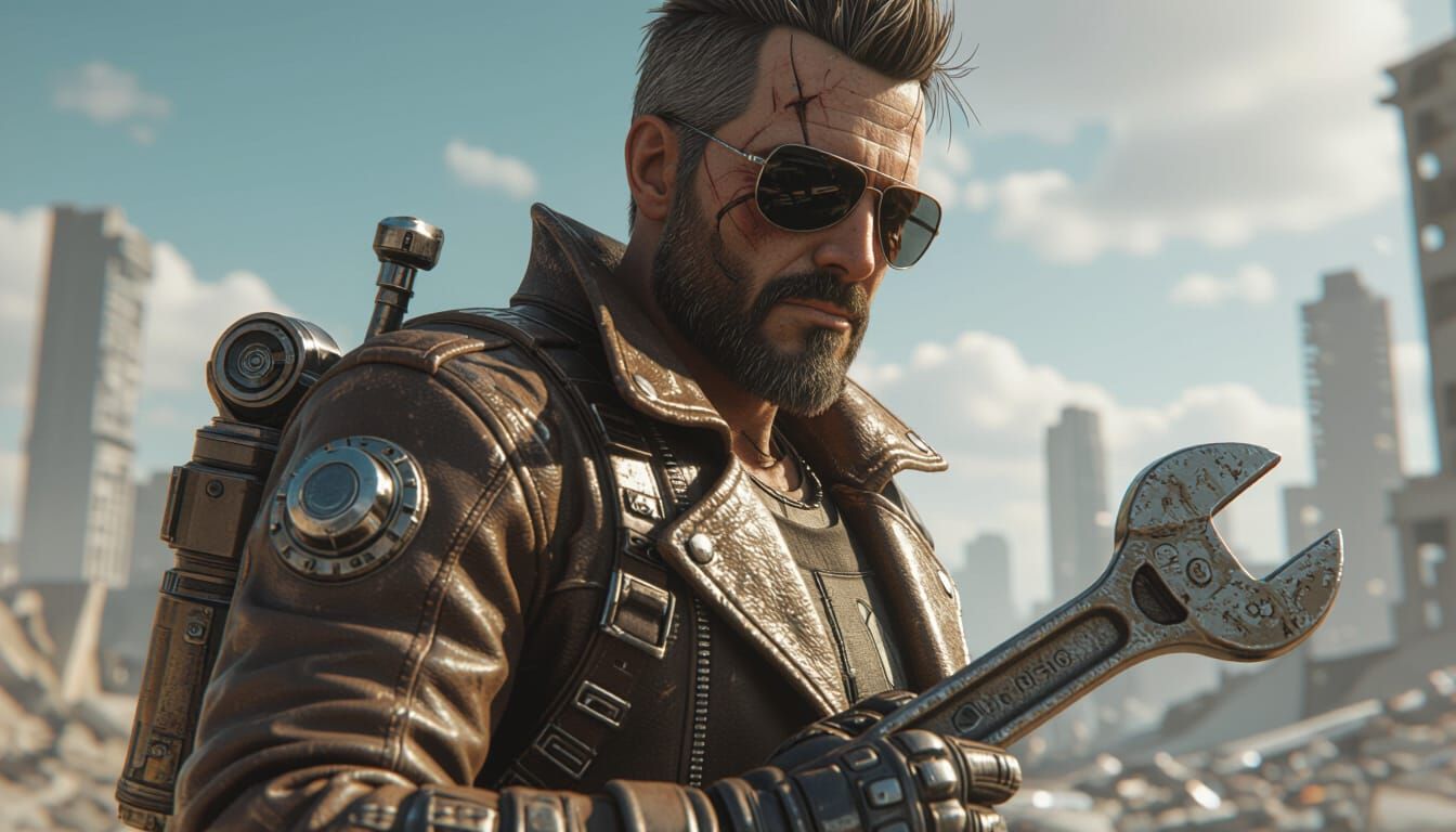 Post-Apocalyptic Survivor in Ruined Cityscape