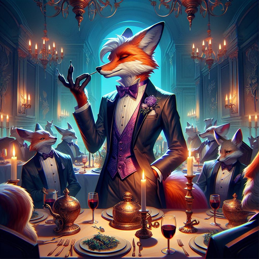 Elegant Fox in Fantasy Dinner Party Scene