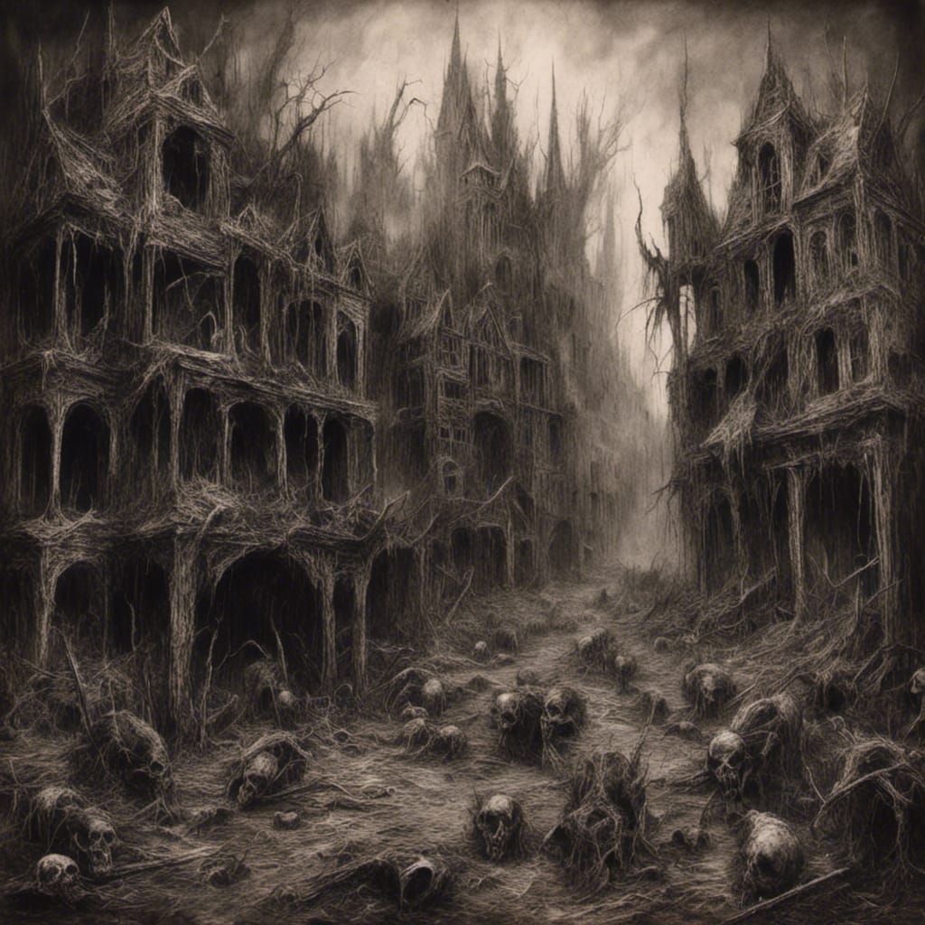 Macabre City of Blasphemous Horror in Charcoal