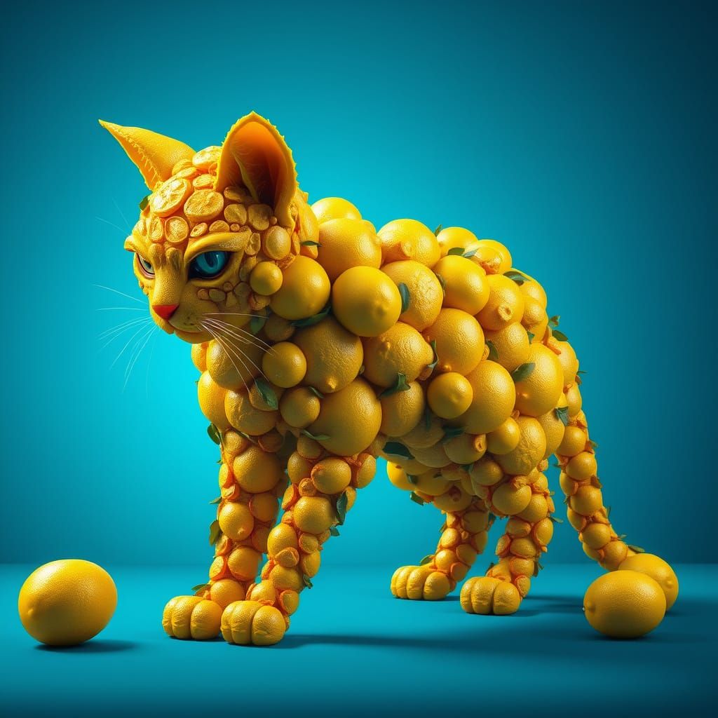 Surreal Feline Masterpiece in Citrusy Dreamscapes