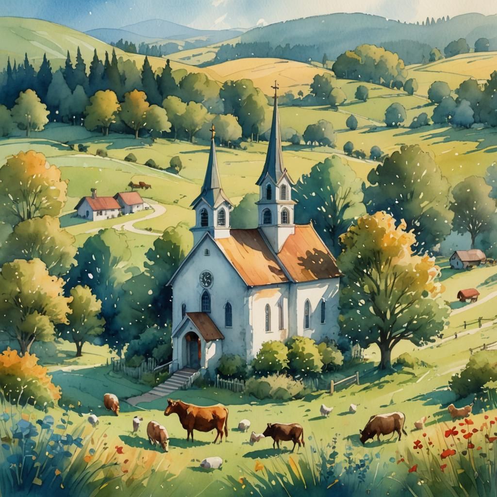 Meadow Church: Whimsical Watercolor Concept Art